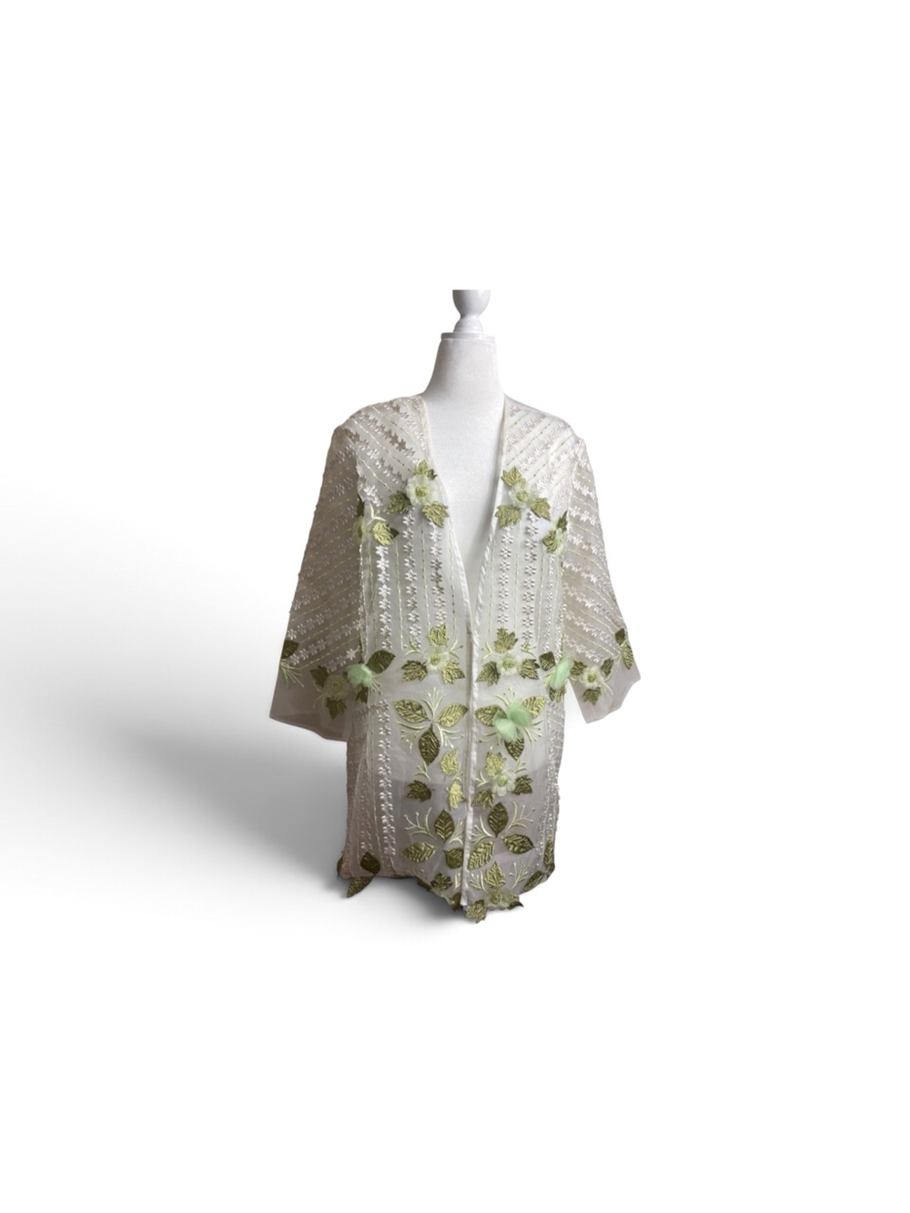 Donnavinci Sheer Embroidered Floral Kimono Jacket - White & Light Green size 16